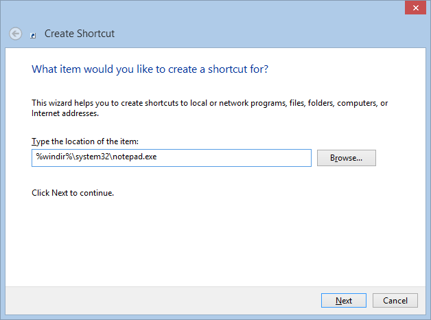 Create shortcut pointing at %windir%system32
otepad.exe